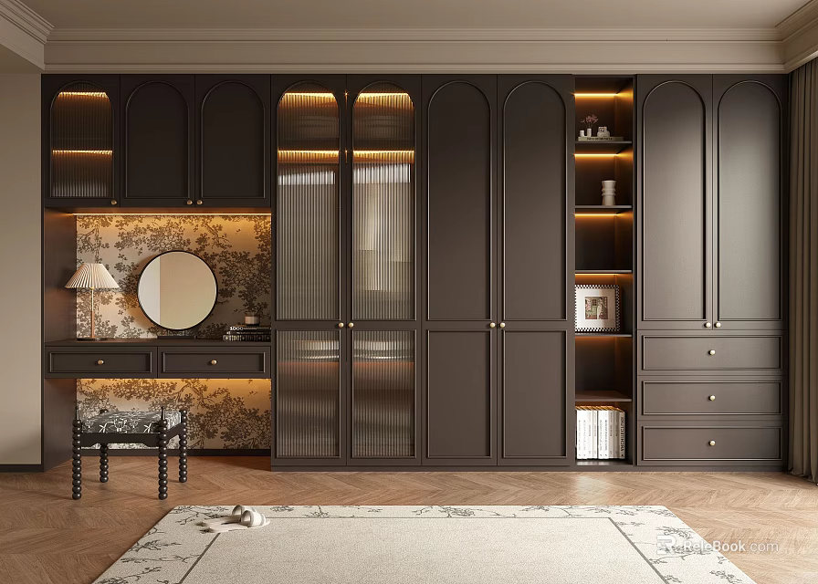 Dark Brown Wardrobe with Glass Doors and Cabinets Near Dressing Table Mirror on Wooden Floor 3d model 