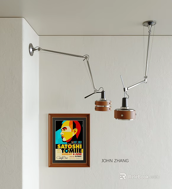 Modern Interior Adjustable Metal Arm Wall Lamp With Round Shade And Brown Frame Poster 3d model 