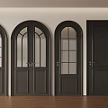 Black Interior Doors With Arched Glass Panels And Various Designs On Wooden Floor