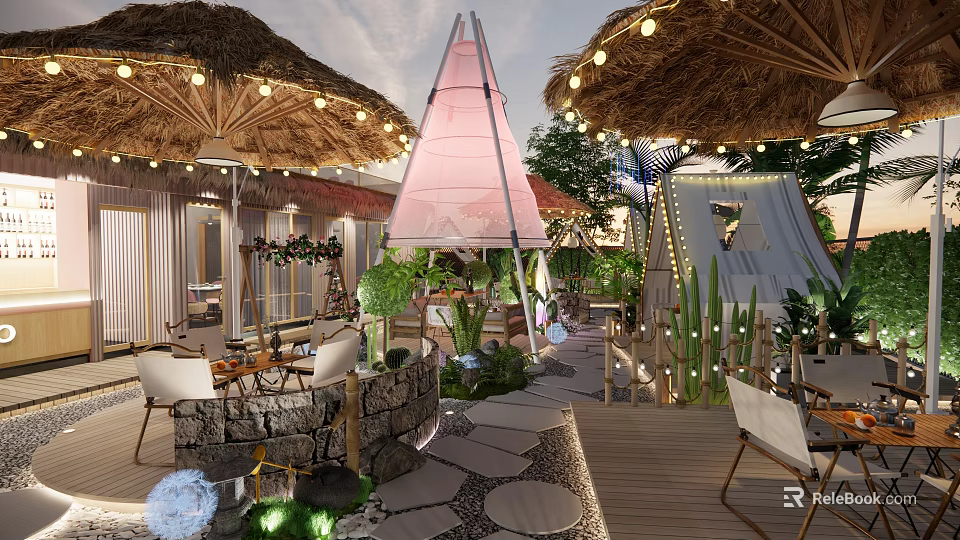 Outdoor Restaurant With Thatch Roof Tent Structure String Lights And Green Plants 3d model 