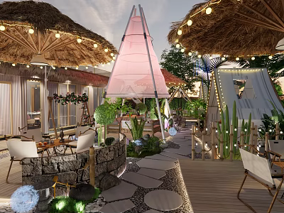 Outdoor Restaurant With Thatch Roof Tent Structure String Lights And Green Plants 3d model