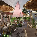 Outdoor Restaurant With Thatch Roof Tent Structure String Lights And Green Plants