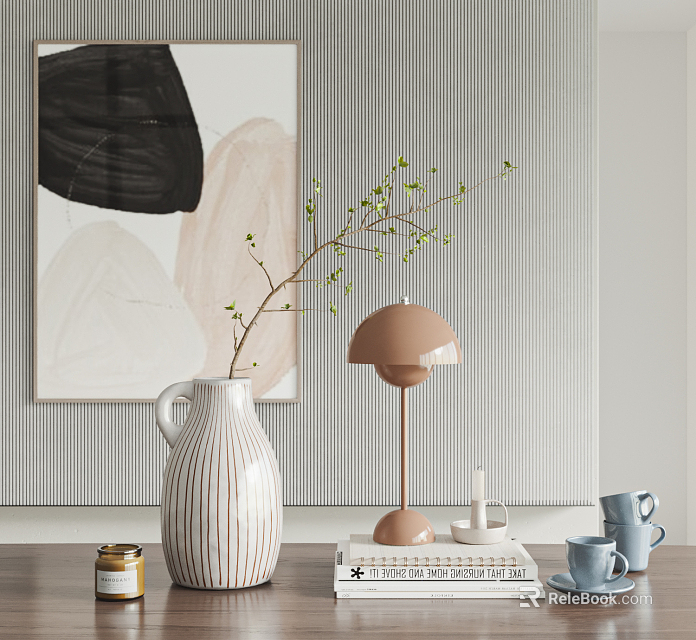 Decorative Ornament Combination With Ceramic Vase Twig Beige Lamp Blue Mugs And Abstract Artwork 3d model 