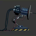Futuristic Sci Fi Weapon With Blue Glowing Parts Circular Base And Warning Stripes