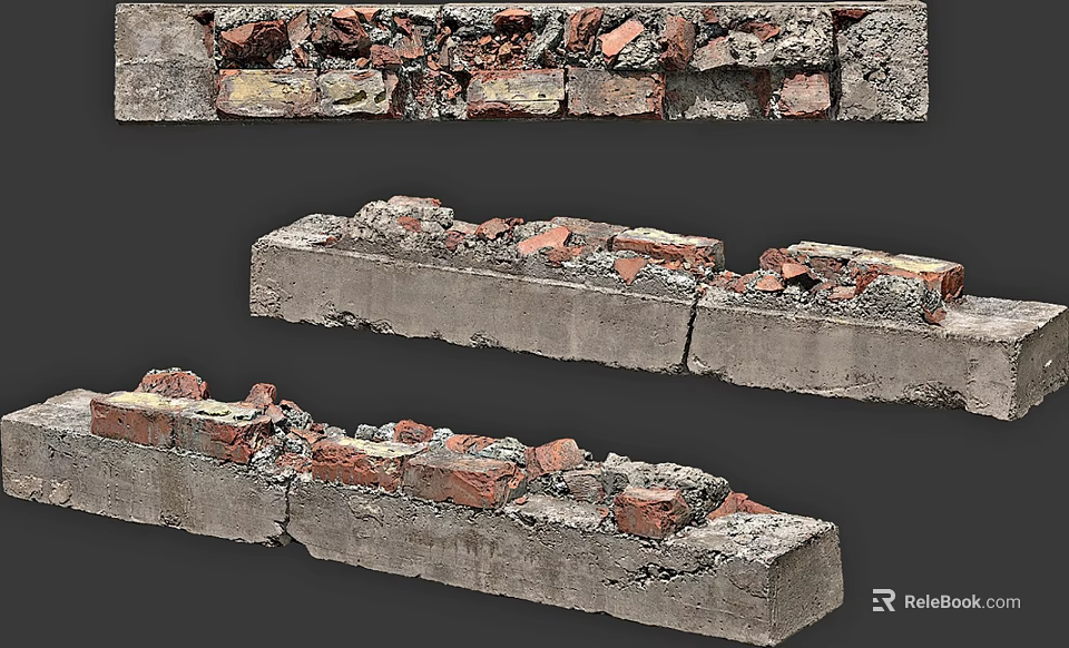 Building Exterior Wall Displaying Broken Bricks And Visible Structural Damage 3d model 