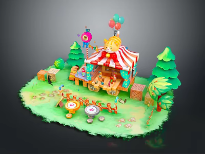Playful Little Lion In Red White Circus Tent With Colorful Balloons Green Trees And Joyful Scene 3d model