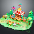 Playful Little Lion In Red White Circus Tent With Colorful Balloons Green Trees And Joyful Scene