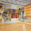 Modern Shopping Mall Store Interior Featuring Transparent Display Cases Figurines Yellow Counter And Circular Lights