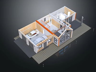 Cartoon Scene Modern Residential Floor Plan With Garage Car Open Layout Orange Accents Gray Pavement 3d model