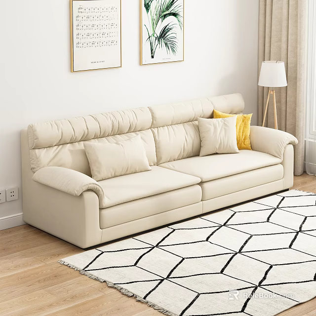 Modern Beige Double Sofa with Cushions Yellow Cushion Floor Lamp Decorative Paintings and White Rug 3d model 