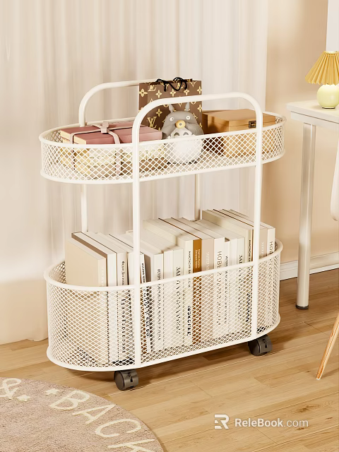 Study Room Organized With White Three Tier Wire Basket Cart Filled With Books And Decorations 3d model 