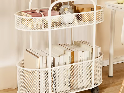Study Room Organized With White Three Tier Wire Basket Cart Filled With Books And Decorations 3d model