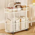 Study Room Organized With White Three Tier Wire Basket Cart Filled With Books And Decorations