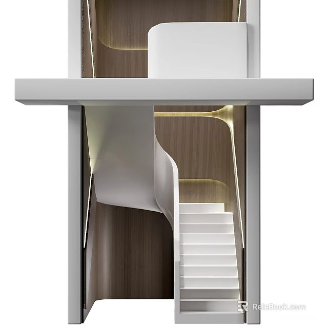 Modern Curved Staircase With White Steps And Wooden Panel Lighting 3d model 