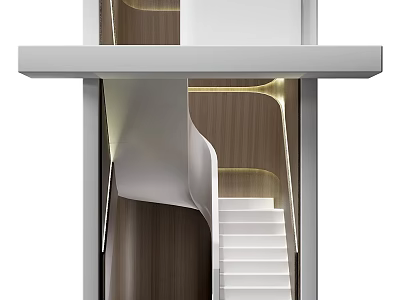 Modern Curved Staircase With White Steps And Wooden Panel Lighting 3d model