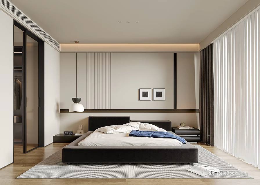 Modern Bedroom Interior With Platform Bed Nightstands Pendant Lighting And Decorative Paintings 3d model 