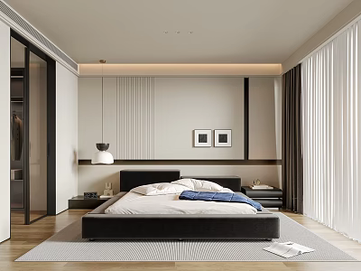 Modern Bedroom Interior With Platform Bed Nightstands Pendant Lighting And Decorative Paintings 3d model