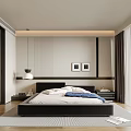 Modern Bedroom Interior With Platform Bed Nightstands Pendant Lighting And Decorative Paintings