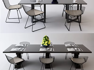 Modern Dining Table And Chairs With Metal Mesh Frame Beige Cushion Yellow Flowers And Magazines 3d model