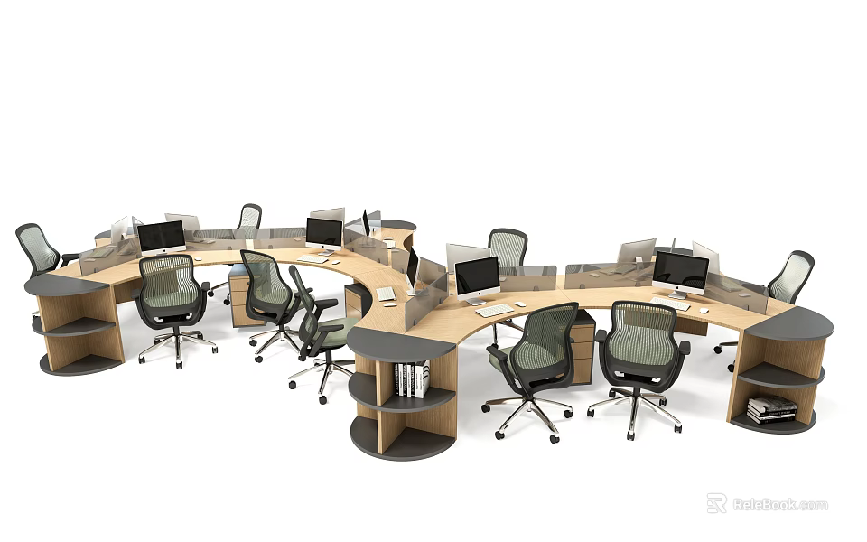 Modern Curved Office Desk With Multiple Workstations Computer Monitors Ergonomic Chairs And Storage Shelves 3d model 
