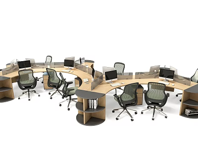 Modern Curved Office Desk With Multiple Workstations Computer Monitors Ergonomic Chairs And Storage Shelves 3d model