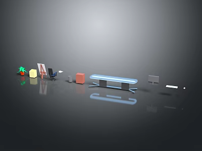 Modern Geometric Furniture Display With Long Bench Chair And Small Cabinet Elements 3d model