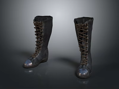 Black Knee High Lace Up Boots With Metallic Toe Cap And Vintage Style 3d model
