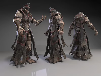 Game and Movie Character with Armor in Three Different Angles Featuring Metal Leather and Robe Design 3d model