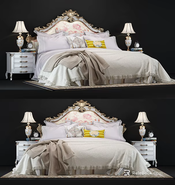 Elegant Classic Double Bed With Ornate Headboard Pillows And Bedside Table Lamps 3d model 