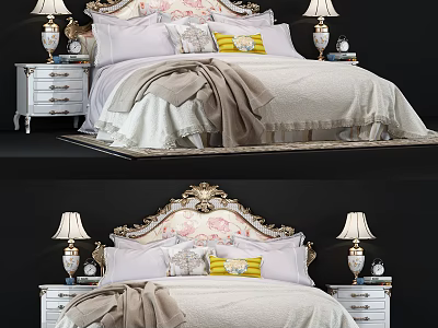 Elegant Classic Double Bed With Ornate Headboard Pillows And Bedside Table Lamps 3d model