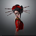 Traditional Japanese Woman In Red Kimono With Black Hair And Red Flower Hairpins