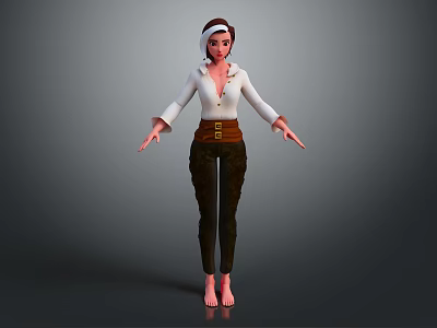 Game And Movie Character Wearing White Long Sleeve Top Brown Belt Dark Pants Barefoot 3d model