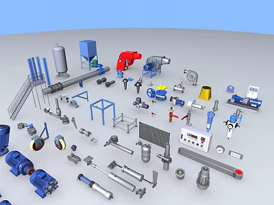 Various Types of Industrial Equipment Including Pumps Valves Tanks Pipes Motors and Control Panels 3d model