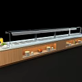 Modern Food Service Counter With Wooden Cabinet White Countertop Transparent Cover And Food