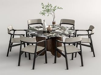 New Chinese Dining Table and Chair Combination Round Table Dining Table and Chair Combination Single Chair Dining Chair Ornaments Combination 3d model