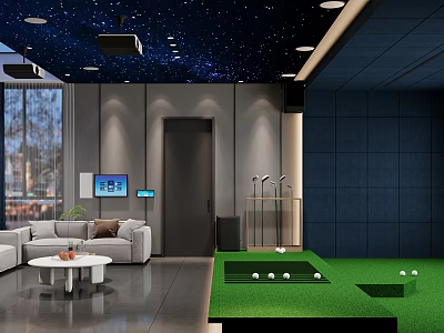 Modern Interior Design With Starry Sky Ceiling Sofa TV And Mini Golf Green Turf Area 3d model