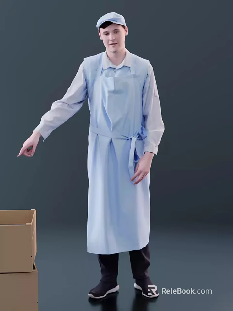 Man Wearing Light Blue Apron And Long Sleeve Shirt Next To Cardboard Box 3d model 