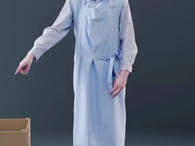 Man Wearing Light Blue Apron And Long Sleeve Shirt Next To Cardboard Box 3d model