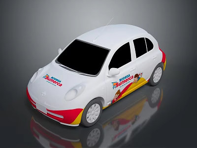 White Small Car Featuring Happy Birthday Graphics Yellow Red Accents And Cartoon Characters 3d model