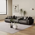Modern Black Leather Sofa And Glass Coffee Table With Plush Cushions Rug And Indoor Plants