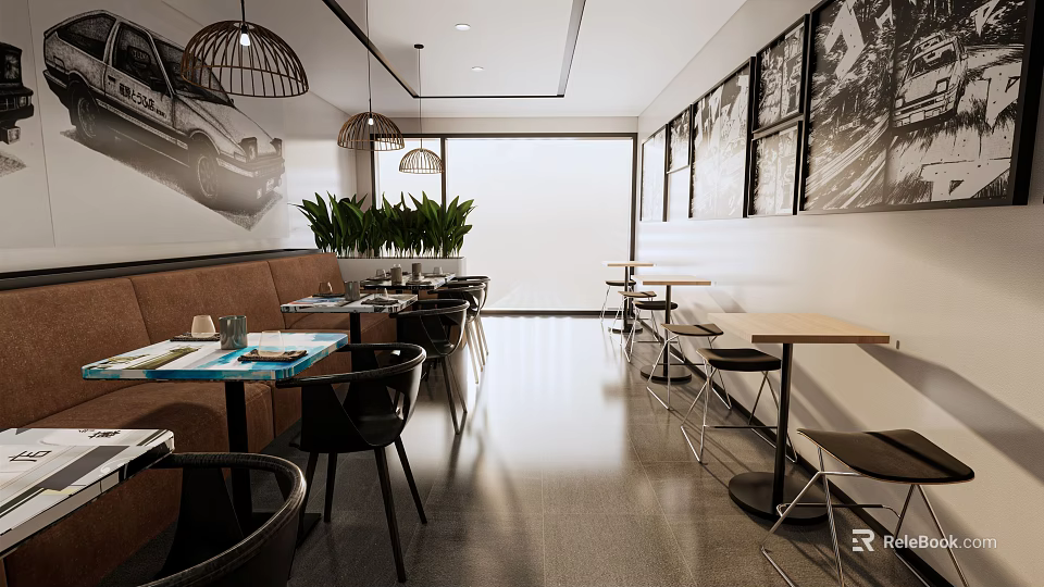 Modern Restaurant Interior With Tables Chairs Green Plants And Black White Decorative Paintings 3d model 
