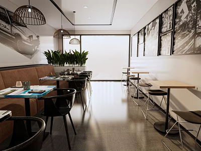 Modern Restaurant Interior With Tables Chairs Green Plants And Black White Decorative Paintings 3d model