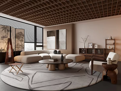 Modern Warm Neutral Toned Living Room Interior With Wooden Grid Ceiling And Comfortable Curved Sofa 3d model