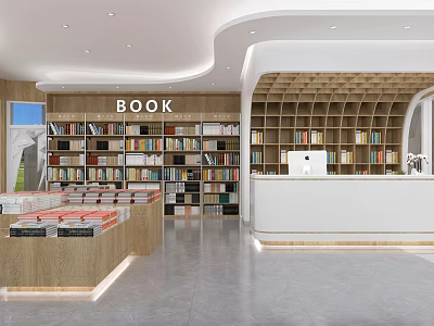 Modern Book Art Bookstore Interior Design With Bookshelves Display Area And BOOK Sign 3d model