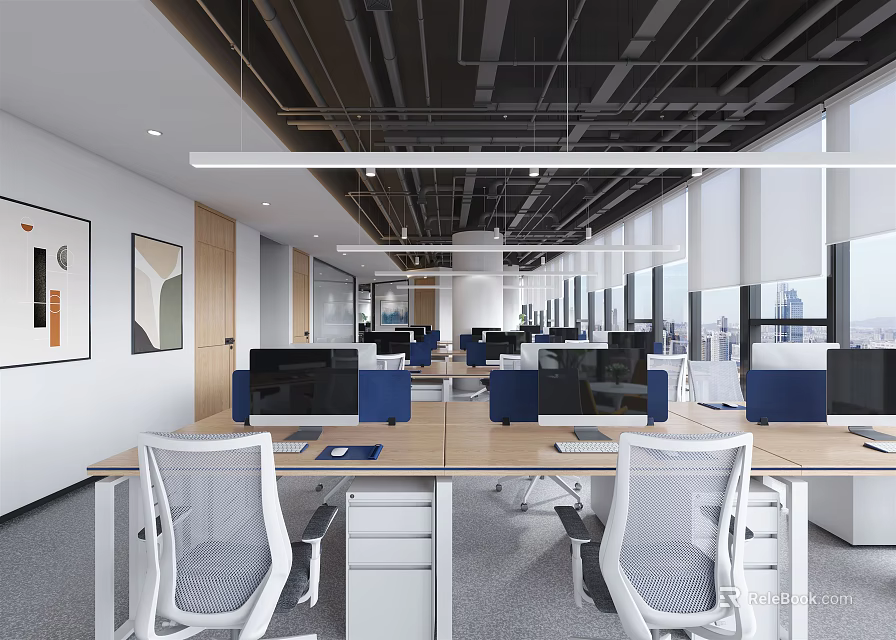 Modern Public Office Interior Design With Open Layout Wooden Desks Computers And Ergonomic Chairs 3d model 