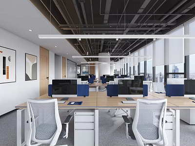 Modern Public Office Interior Design With Open Layout Wooden Desks Computers And Ergonomic Chairs 3d model