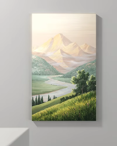 Scenic Landscape Painting With Mountains River And Greenery 3d model