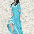 Woman in Blue Long Dress With Long Sleeves V Neck Lace Asymmetrical Hem Light Wall