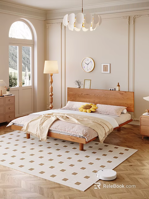 Cozy Bedroom With Wooden Headboard Striped Bedding Floor Lamp Wall Clock And Mountain View 3d model 