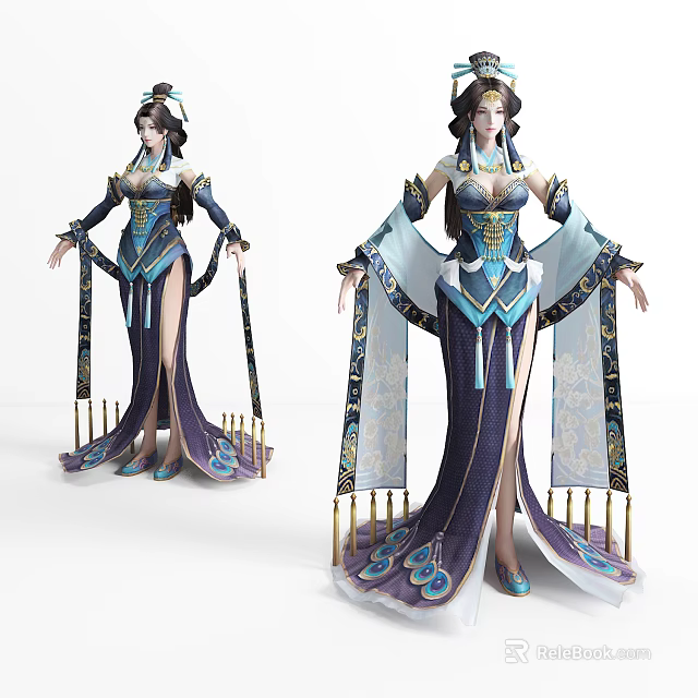 Ancient Style Female Fantasy Creature in Blue Purple Dress with Flowing Sleeves and Golden Accents 3d model 